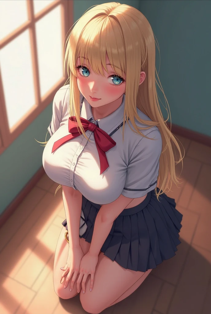 ((masterpiece、best quality、Super detailed))、A girl、gal、Blonde、pink gradient、long hair、curls、Light blue eyes、Evil smile、((Open your mouth and stick out your tongue))、Medium breasts、((White shirt))、Short sleeve、black tie、((Black pleated skirt))、Cowboy shooting、((bend over:1.2))、Shooting from the front,indoor,(Outside the door)