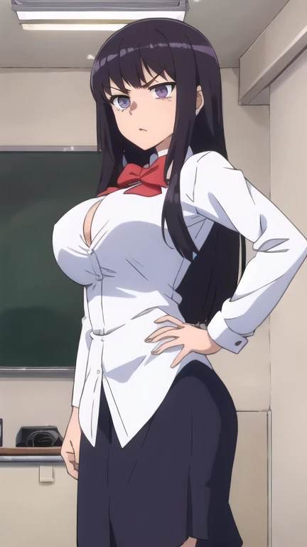 Nemuri Kayama, business suit, medium breasts, A white blouse, mini skirt gris, mid thigh stockings. Classroom, tomorrow