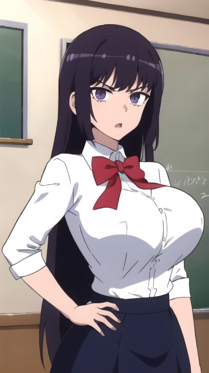 ((best quality)),((highly detailed)),masterpiece,absurdres,detailed face,beautiful face,(detailed eyes, deep eyes),1girl,((dynamic pose)), sana, purple hair, long hair, solo, red eyes, , open mouth, bow, large breasts, chalkboard, classroom, cowboy shot, school, indoors,desk, angry, looking at viewer, wearing white tanktop, put your hands behind your head, armpits, armpits visible, sweaty armpits,