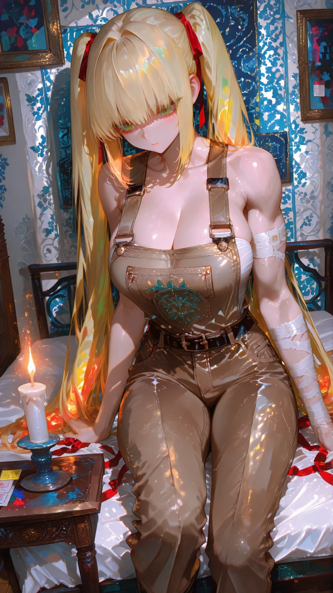 nero claudius (fate)  a  beautiful youth woman sitting on a bed in a cluttered room, holding a bandaged arm.  who appears to be a muscular famale, is positioned in the middle of the image, with a determined expression on his face. he is wearing a pair of brown pants and a black belt, and his body is muscular and athletic. the room is dimly lit with a warm glow from a candle on the bedside table, and the walls are covered in colorful posters and sticky notes, creating a cozy atmosphere. on the left side of the room, there is a desk with a lamp and a picture frame, and on the right side, with a blue patterned wallpaper. the overall style is reminiscent of comic book art, with vibrant colors and detailed textures. 1girl, solo, unrivaled beauty, fit female, bare shoulders, eyelashes, porcelain skin, blonde hair,  twintails, green eyes, large breasts, red ribbon, very long hair,  skin tight, fullbody,  bangs, cleavage, natural light, cinematic lighting , cinematic angle, soft light ,   