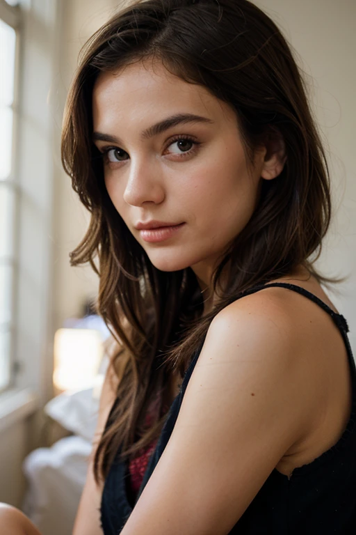 ((best quality)), ((masterpiece)), (detailed), perfect face realistic photo of beautiful woman with long dark brown hair, Russian, influencer, light freckles, dark brown eyes, big lips, no makeup, instagram, next to black wall, wearing sexy pijama