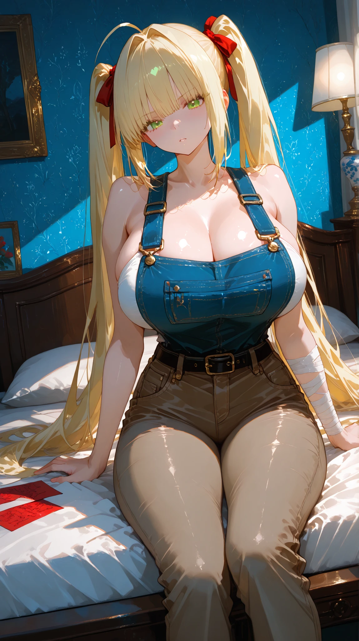 nero claudius (fate) a beautiful youth woman sitting on a bed in a cluttered room, holding a bandaged arm. who appears to be a muscular famale, is positioned in the middle of the image, with a determined expression on his face. he is wearing a pair of brown pants and a black belt, and his body is muscular and athletic. the room is dimly lit with a warm glow from a candle on the bedside table, and the walls are covered in colorful posters and sticky notes, creating a cozy atmosphere. on the left side of the room, there is a desk with a lamp and a picture frame, and on the right side, with a blue patterned wallpaper. the overall style is reminiscent of comic book art, with vibrant colors and detailed textures. 1girl, solo, unrivaled beauty, fit female, bare shoulders, eyelashes, porcelain skin, blonde hair, twintails, green eyes, large breasts, red ribbon, very long hair, skin tight, fullbody, bangs, cleavage, natural light, cinematic lighting , cinematic angle, soft light ,