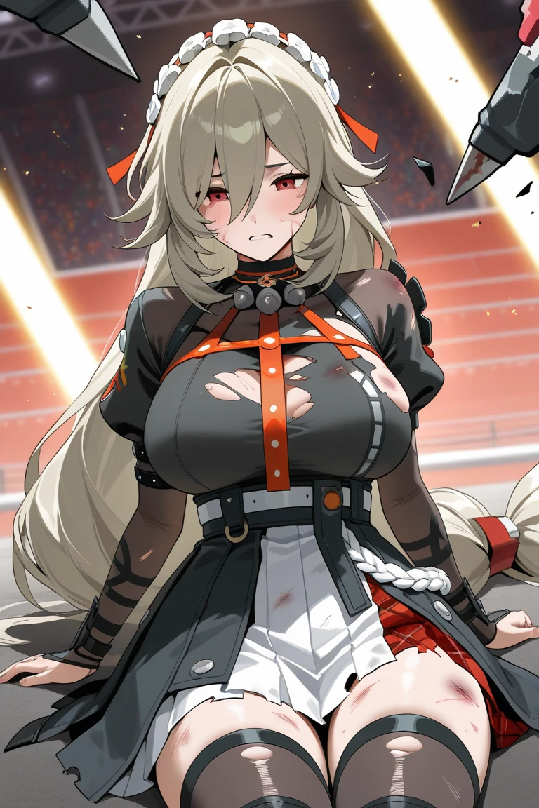 (Female Ninja Cruel Mech: 1.3, Full Body Covered Mechanic, Heavy AWP on the back, DSLR, light tracking, 3D, conceptual art, action painting, movie lighting, chiaroscuro) :(1.3). Highlighting the curve of the chest., long white ponytail hair looks elegant and attractive. 8K resolution like a masterpiece, (Murderous death and fear): 0.5, long red scarf fluttering in the wind, war-torn city backdrop. 