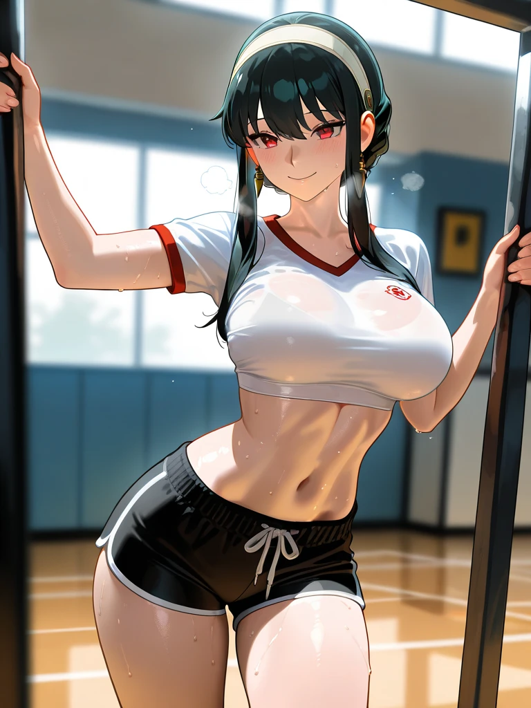 Dark skin girl, ponytail hair with bangs, Wet gym bra showing breast nipples,short shorts,wearing red lipstick, showing wet panties 