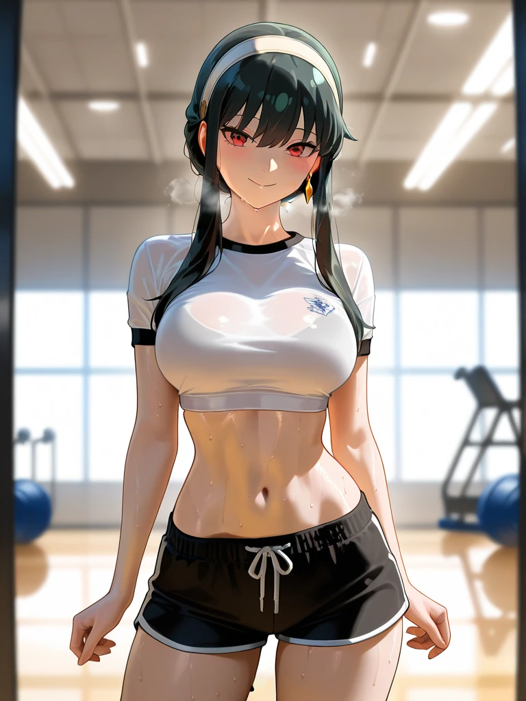 Generate a high-quality, 8k image of Hinata Hyuga from Naruto Shippuden, portraying her in a modern gym outfit. Hinata should be depicted wearing gym shorts and a knotted shirt, akin to the previously described outfit. Emphasize Hinata's distinct features, such as her soft lavender hair cascading gently around her face. Her eyes should be a captivating shade of pale lavender, intricately detailed to capture their mesmerizing allure. Reflect Hinata's gentle yet determined demeanor in her posture and expression, even within the gym setting. Craft the gym shorts to flatter Hinata's figure while allowing for unrestricted movement during her training sessions. Pair them with a knotted shirt, cropped to reveal a glimpse of Hinata's toned midriff, and constructed from breathable, moisture-wicking fabric suitable for rigorous workouts. Incorporate subtle nods to Hinata's ninja lineage through discreet embellishments inspired by the Hyuga clan. Ensure that the gym outfit aligns with Hinata's understated elegance, complementing her composed and focused nature. Capture Hinata in a poised yet resolute gym pose, illustrating her commitment to her training regimen. Pay close attention to detail in rendering her gym attire and graceful stance, resulting in a highly realistic portrayal. Deliver a final image of the highest quality, showcasing Hinata Hyuga in her modern gym ensemble.
