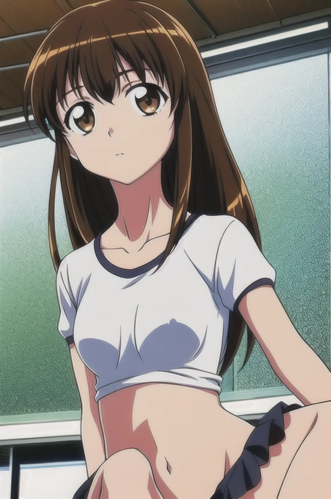 , tt_flat, milking machine, topless, topless, topless, Small breasts, Small breasts, Small breasts, amanogawaki, yellow hairband, , long sleeves, bowtie, white skirt, blue thighhighs, mary janes, Milking equipment, breast rub, Half-taken off school swimsuit, Nipples are visible through the bra, Nipples are visible through the bra, Nipples are visible through the bra, Large nipples, high quality, high detail, beautiful, high resolution, 8K, Super detailed, Anime-like,, Show me your armpits，Put your arms over your head，