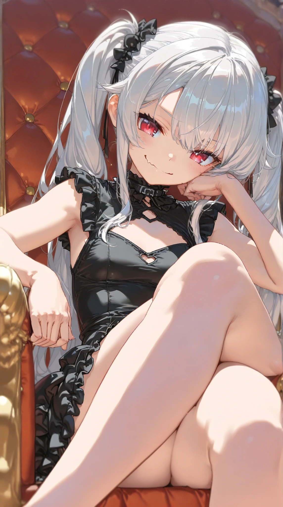mudrock(arknights), white hair, pointy ears, breasts, 1girl, detached sleeves, sitting, looking at viewer, red eyes, blush, black dress, bangs, large breasts, black gloves, solo, very long hair, choker, cleavage, grey hair, horns, long hair, earrings, gloves, jewelry, dress, necklace, thighs, couch, single glove, bare shoulders<lora:mudrock:0.7>