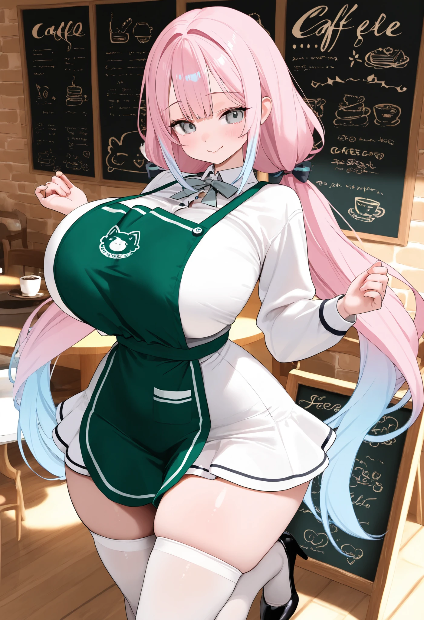 1girl,pink hair,light blue highlights, low twintails,m shaped bangs,long hair,grey eyes,large breasts,slender,thin waist, cute face, wide hips,white dress, green apron, short skirt, cafe,white thighhighs, black pumps,
