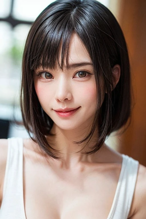 1 girl、highest quality、Realistic、alone、Written boundary depth、Natural soft light、Daytime、charm、Beautiful Face、Cleanliness、Pure Face、White skin、cute、short hair、bright hazel eyes:1.6、Beautiful Lips、bangs、Beach、Light of the sun、Nedium Breast Body Esbian、((黄金比のBeautiful Face、 対称性のあるBeautiful Face))、Long neck、show me your ears、Stick out your ears。bangsのあるきれいな短いボブヘア、smile with your mouth closed、Perfect hands指、Perfect hands、Perfect body、Perfect Face、Shine a light into your eyes、Perfect Anatomy:1.6、とてもcuteスーパーモデル:1.6、{Huge|big|Hugeな|Mega} chest, chestの谷間、smile:1.6、Very beautiful teeth:1.6