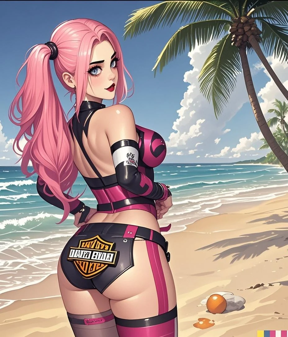 (Masterpiece:1.3),(Very detailed:1.3),(high resolution:1.1),Best Quality,ultra-detail,1 girl,Alone,jelobaiken,Breasts enormes,Amputated,amputee,one arm,eye patch,eye patch,one-eyed,black jacket,Bikini,microBikini,Breasts, Breasts, huge breats, pink hair, pink fur, sexy, socks, stockings, pussy, beach, playa, pussy, NSFW, +18, (((BlackRealStockings, Open_lingerie,wearing Open_lingerie)))