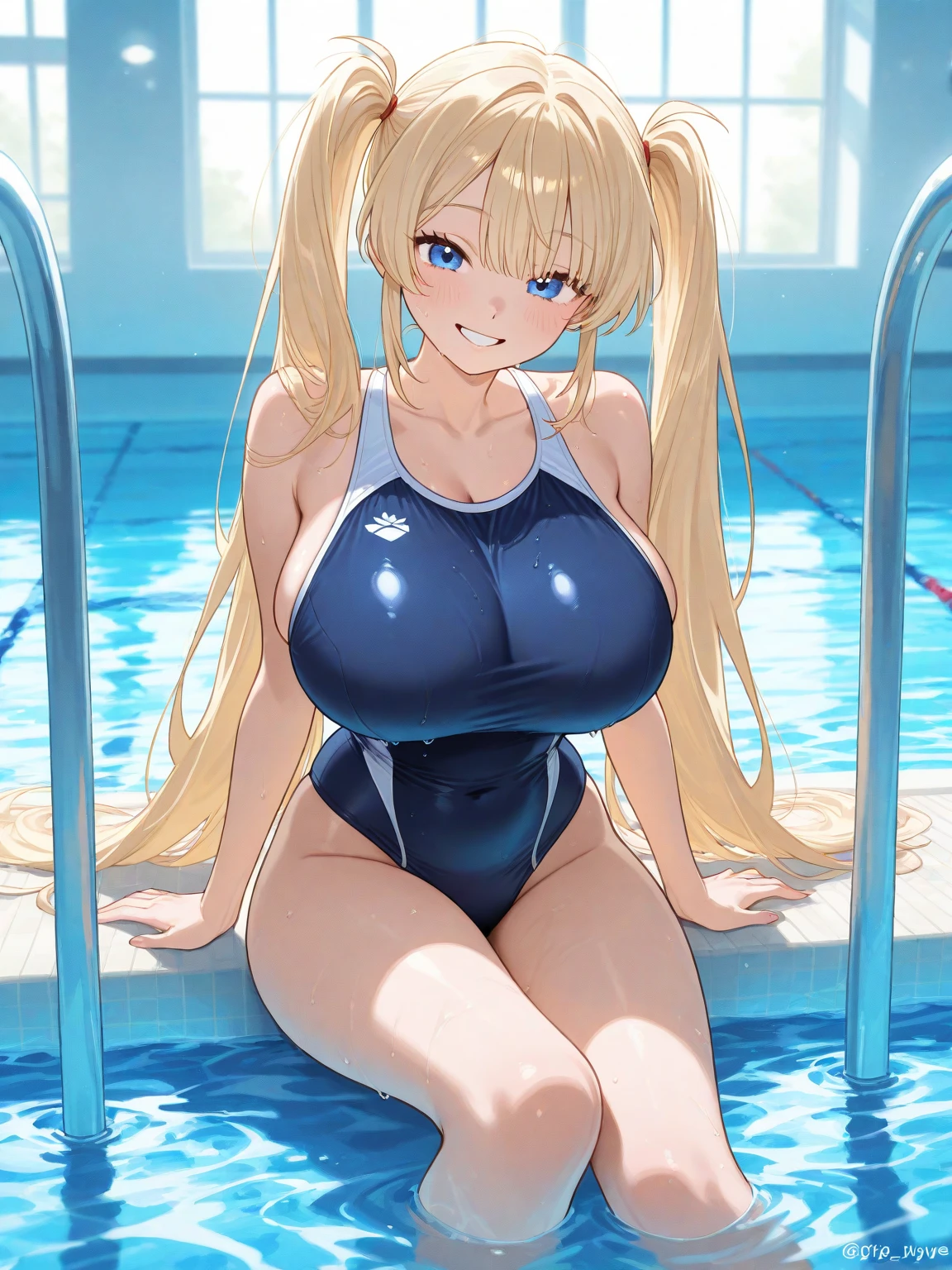 master-piece, bestquality, 1girls,16 years old, View viewers from front, HD, slight smile, big tits, deep cleavage, tights cloth, , tiny body, pool, under tits cleavage, look down, stand up, blue bodysuit, samus aran, wide hips, under tits, spread legs,