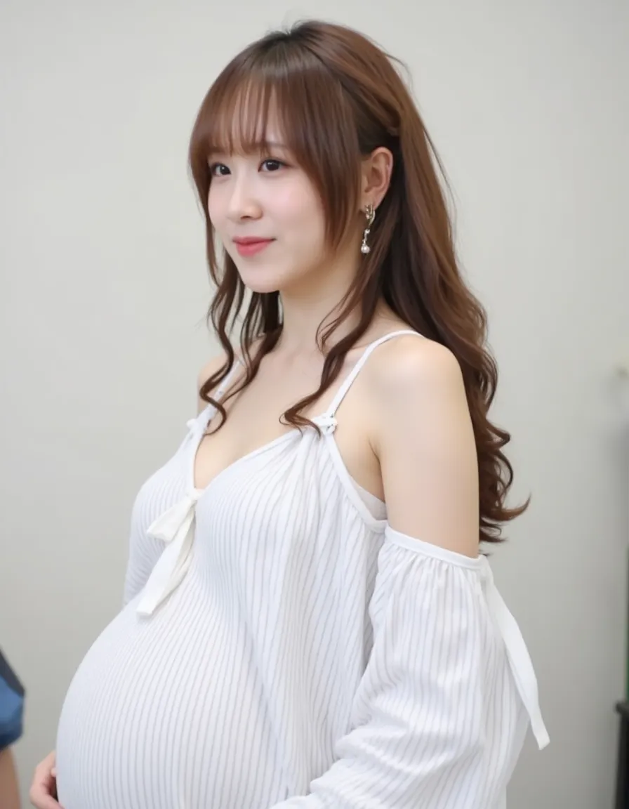 masutepiece, Best Quality, Photorealsitic, finely detail, hight resolution, 8K Wallpapers, Perfect dynamic composition, plump, chubby face, Beautiful detailed eyes, Medium Hair, large saggy breasts, ((huge pregnant)), Random and sexy poses,Bring your chest together、(Open Chest Mock Neck Crop Tank Top White Knitwear Clear Clave)、(Breast bulge 1.2)、A smile、open open mouth、Resort scenery、25-years old、(Drooping eyes 1.4)、Adult beauty、japanes