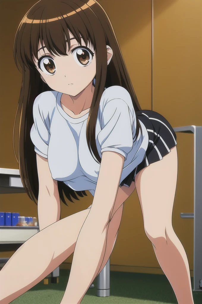（Brunette， ，8k，Perfect body，Ultra Clear，Highest quality, masterpiece:1.4),(Anime Style:1.37) , photograph, Detailed Background, 1 Girl, (((white lace panties))), Cowboy Shooting, Watching the crowd, A faint smile, Sitting, Crossing your legs, From below, On the chair,classroom ,