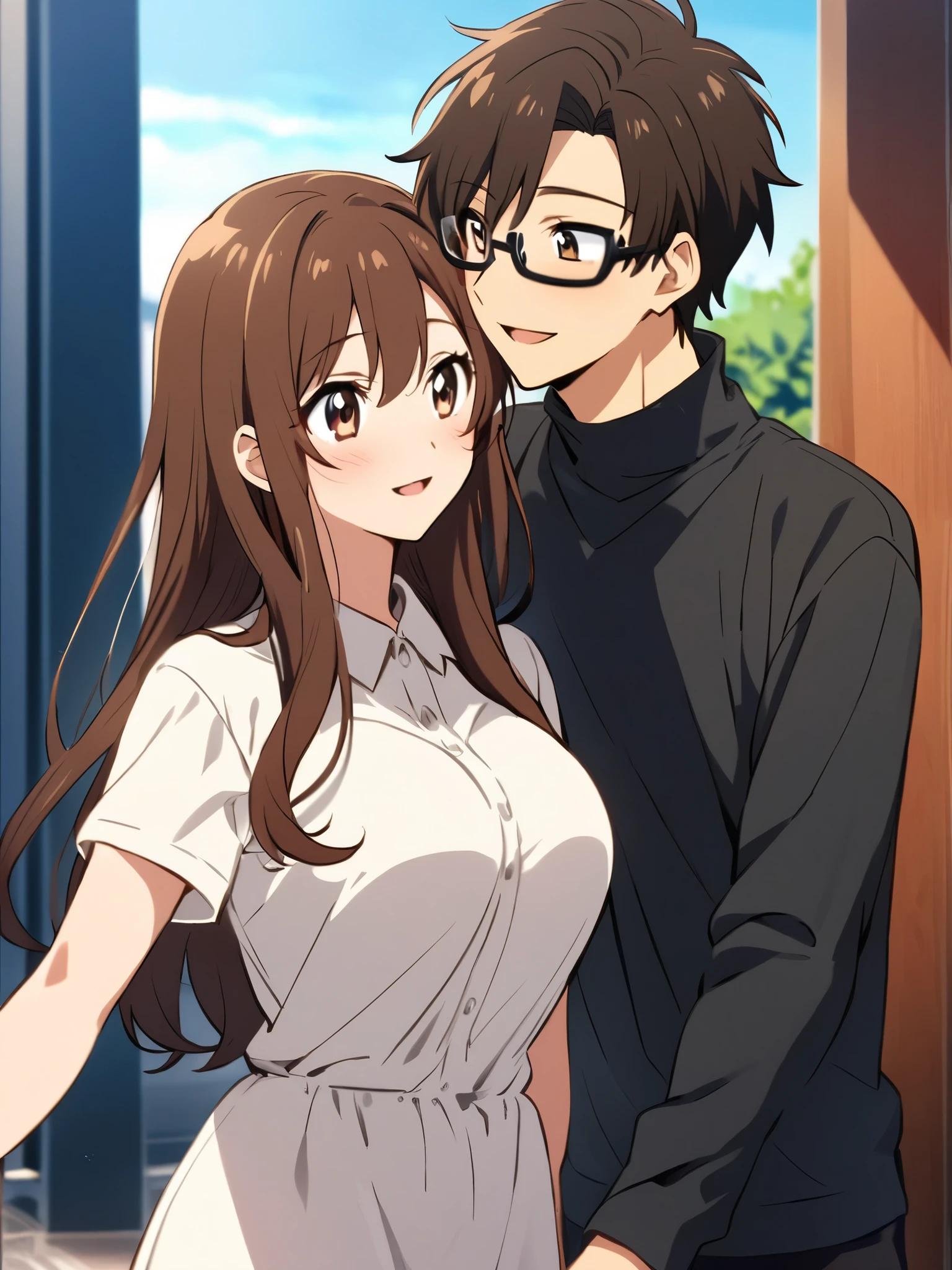 anime, two people, one beautiful female with long brown hair and no glasses, the other person is a male with short dark brown hair and black rimmed glasses, they are boyfriend and girlfriend, both smiling