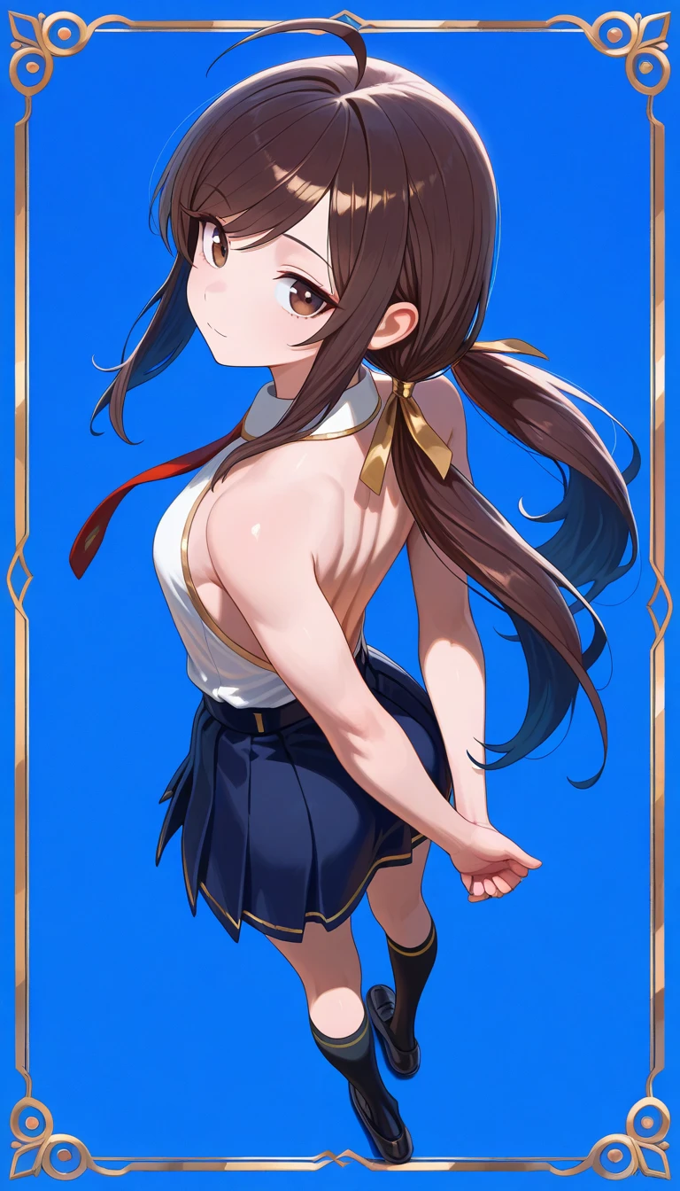 Young girl, long brown hair, blue eyes, blue top, sleeveless, open arms, open belly, chest neckline, pants, smile, masterpiece, high quality