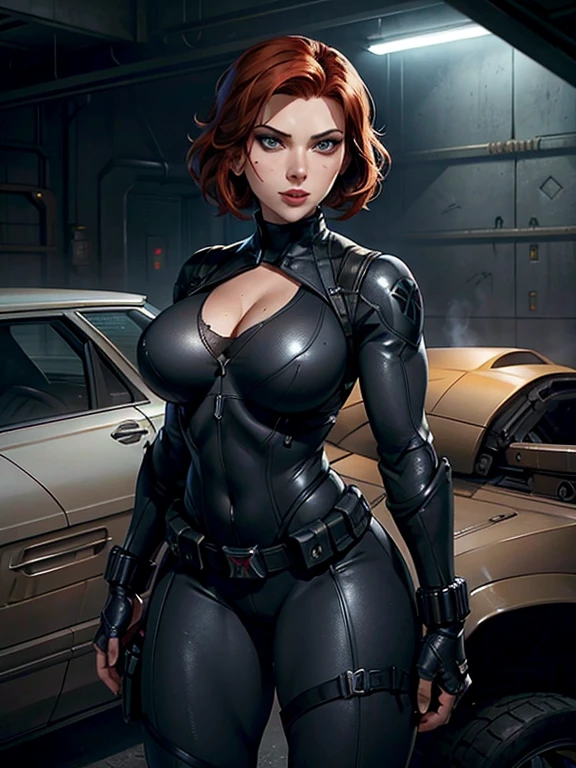 Scarlett Johansson as Black Widow is often depicted in a sleek, tight black leather suit, which is designed to be both functional for combat and visually striking. Her character typically exudes confidence and strength, often seen smiling or with a determined expression. In this iconic look, the costume is form-fitting with tactical details, including a low-cut neckline, cleavage showing(erect nipples poking), utility belt, and various accessories like wrist gauntlets and holsters. Her red hair is Short hairstyle classic bob haircut, complementing her overall fierce and capable persona, she has a flirtatious smile.