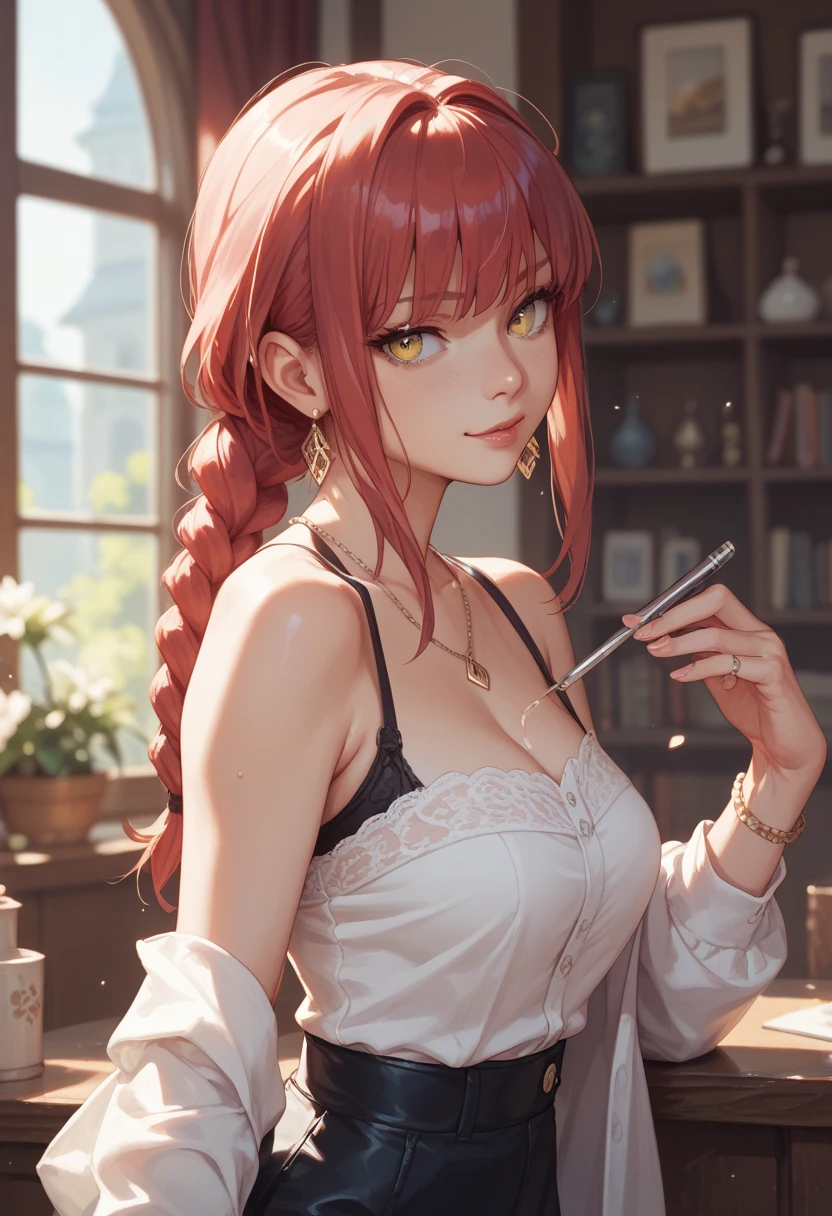 ((masterpiece, best)),(1girl),((mature woman)), light pink hair, halo, trumpet, ((office lady)), bangs, mid-chest, (full), slim, smiling, [wide hips ], office, standing, aru \(blue file\),