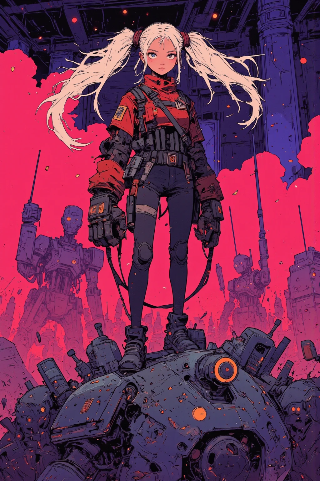 with a wacky and surreal twin-tail empire cyborg female soldier character,Stand on top of machine soldiers,completely mechanical appearance,Eerie Glowing Eyes ,Mecha Army,Tall,hairstyle is twin tail,The character has a mechanical appearance,The hands and feet look like metal bars with joints A twin-tailed toy poodle wearing a costume that looks like a、joints with golden spherical tips,The costume、bold red and black color scheme reminiscent of a soldier,symbol mark imitating twin tails,Offbeat Charm,unique contrast,twin tail soldier with bright white hair、On top of that, commander is standing in a dynamic pose、riding on a machine soldier's shoulder,Surprising Fantasy Elements,in the background, Sparkling Gradations,bright white haired twin tail soldier,stage-like atmosphere,that attracts viewers' curiosity and interest, Retro Animated Stills, retro animated movie screenshots that will capture viewers' curiosity and interest, Lo-Fi Art Style, aesthetic sense of 90s anime, dreamy psychedelic retro anime