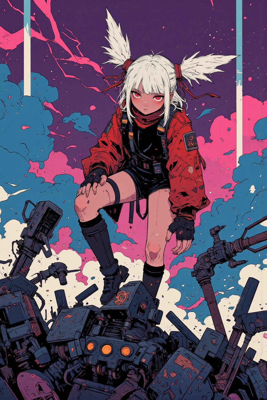 with a wacky and surreal twin-tail empire cyborg female soldier character,Stand on top of machine soldiers,completely mechanical appearance,Eerie Glowing Eyes ,Mecha Army,Tall,hairstyle is twin tail,The character has a mechanical appearance,The hands and feet look like metal bars with joints A twin-tailed toy poodle wearing a costume that looks like a、joints with golden spherical tips,The costume、bold red and black color scheme reminiscent of a soldier,symbol mark imitating twin tails,Offbeat Charm,unique contrast,twin tail soldier with bright white hair、On top of that, commander is standing in a dynamic pose、riding on a machine soldier's shoulder,Surprising Fantasy Elements,in the background, Sparkling Gradations,bright white haired twin tail soldier,stage-like atmosphere,that attracts viewers' curiosity and interest, Retro Animated Stills, retro animated movie screenshots that will capture viewers' curiosity and interest, Lo-Fi Art Style, aesthetic sense of 90s anime, dreamy psychedelic retro anime