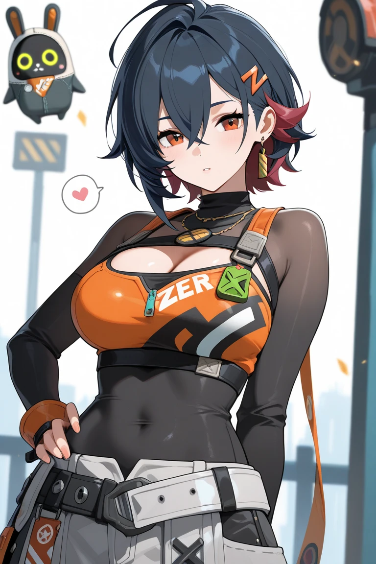 Tomato, girl, red hair, blue eyes, reflective goggles, crop top, double twisted braids