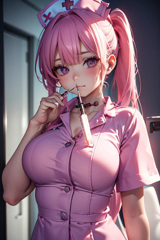 (Masterpiece, BestQuality:1.3), (ultra detailed:1.2), (hyperrealistic:1.3), (RAW photo:1.2), High detail RAW color photo, professional photograph, (Photorealistic:1.4), (realistic:1.4), (Pink Hair:1.5), professional lighting, perfect anatomy, (Big Breasts:1.2), (blush, detailed face), (cheerful Smile:1.5), Trending Hair&Trending Hairカラーをランダムに, earrings, necklace, bracelet, sexly, erotic sexly, Random sexy gravure poses, (A beautiful woman in a sexy nurse costume、Holding a syringe in a hospital room、Wink Provocatively。Garters peek out from the hem of her miniskirt、A look that highlights red lips。: 1.3)