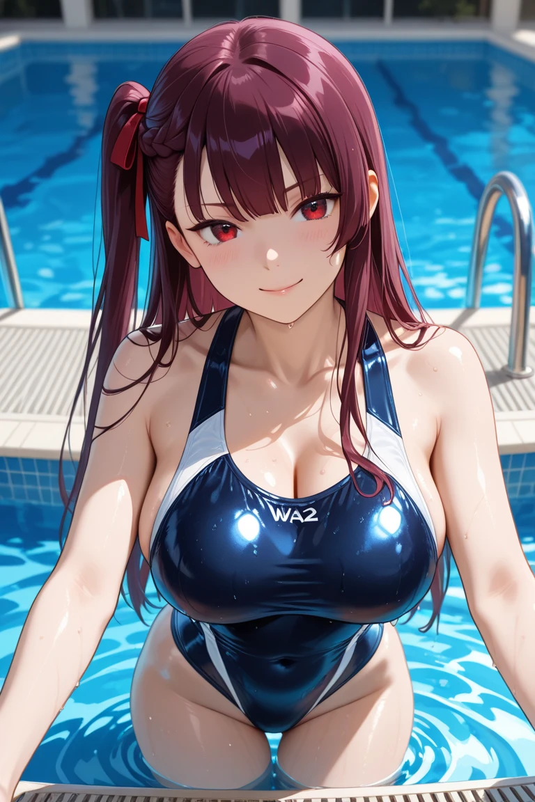 High quality, high definition, hig
h precision images,8k 1 Girl Robot Girl、red hair,Twin tails,Red eyes,robot style barrette, all dark blue school swimwear,white name tag on chest、sports swimwear、big breasts,emphasize cleavage Sitting by the pool and doing calisthenics.Strong sunlight, smiling face, looking at camera, pov
