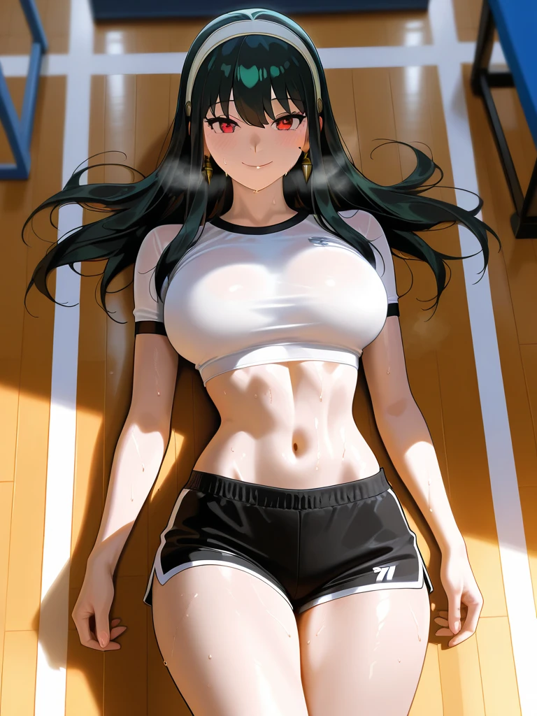 (cabello despeinado), (illustration), retrato, (fondo de ciudad futurista), (arms behind back), Cintura delgada, gran sonrisa, abdominales fuertes, chica delgada, strong abs, muscle girl, front pose, big thighs, focus on face, flat chested, large city background, blue hair, red eyes, skirt, sit on rock, detailed vagina, nude, heavy armor suit