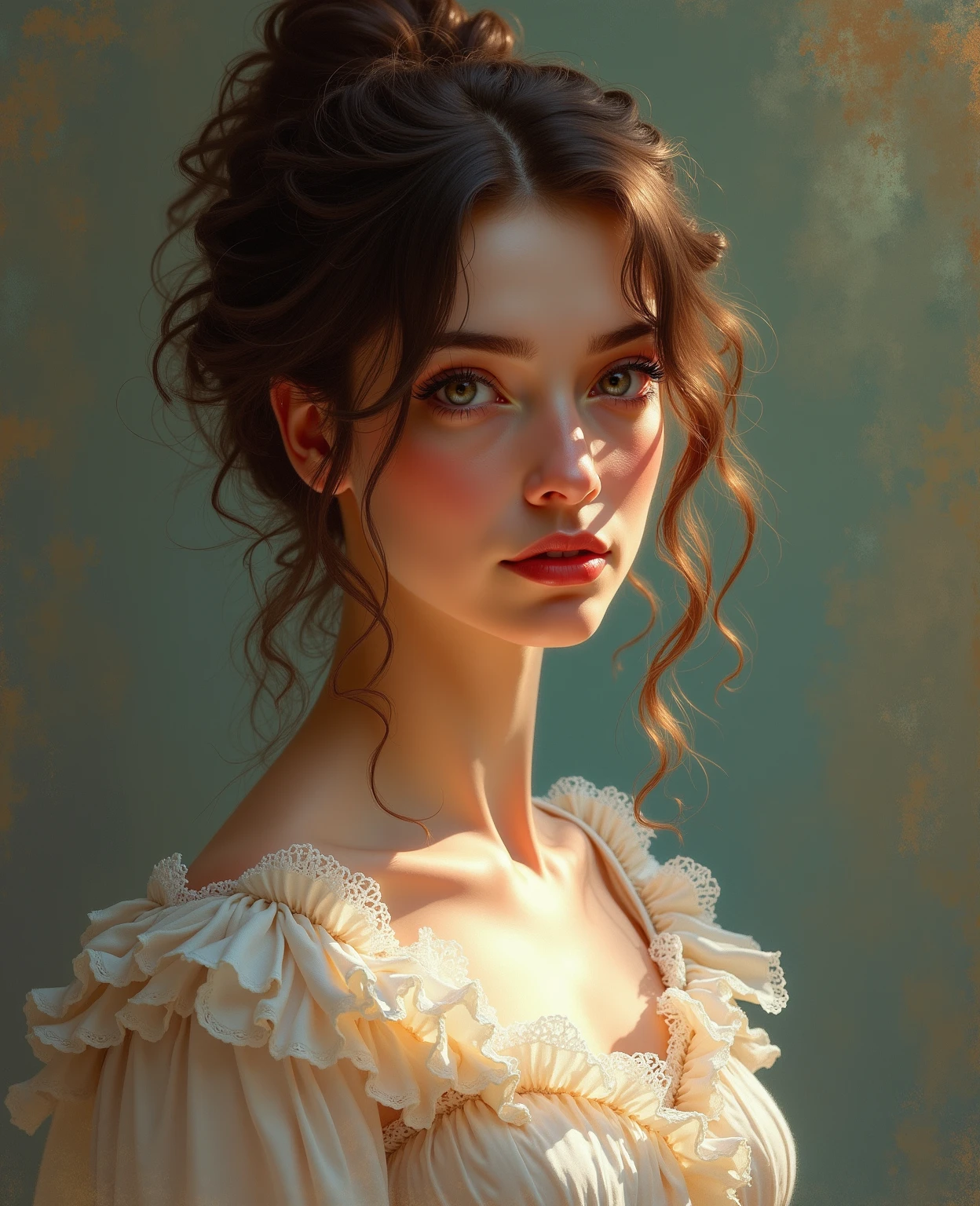 a victorian woman, brown hair, hair flower, closed mouth, Color Field painting, backlighting, anatomically correct, anatomically correct, high quality, 8k