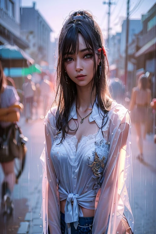 (RAW shooting, Photorealistic:1.5, 8k, highest quality, masterpiece, Ultra-high resolution), Perfect dynamic composition:1.2, Modern city street corner at night, Sobbing:1.3, (((Typhoon heavy rain))), Highly detailed skin and facial textures:1.2, Office lady drenched in rain:1.3, Sexy beauty:1.1, Incredibly slim body:1.2, beautifully、aesthetic:1.1, Fair skin, Very beautiful face, Water droplets on the skin, (Rain dripping down on my body:1.2, Wet body, Wet Hair:1.4, Wet Office Skirt:1.2, Wearing wet pink casual clothing:1.3), belt, Shapely breasts, Chest gap, (Expressions of sadness, Embarrassed smile, Her facial expression when she felt intense caressing, Facial expressions when feeling happy), (Beautiful Blue Eyes, Beautiful erotic eyes:0.8), (Too erotic:0.9, Fascinating:0.9), Cowboy Shot, Shoulder bag, necklace, Earrings, bracelet, clock