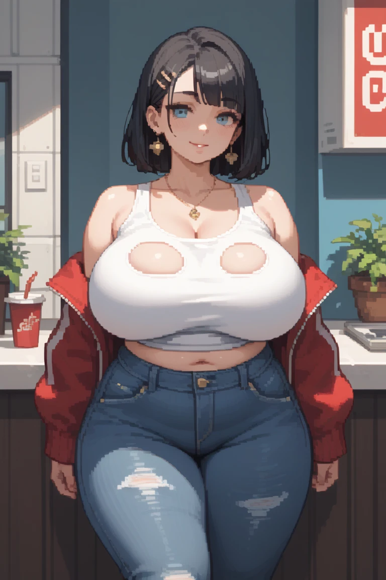 ((highres)), Masterpiece, high quality, best quality, beautiful, perfect lighting, detailed face, ultra cute face, ((1girl)), ((blush)), ((blush)), embarrassed, looking at viewer, skindentation, short brown hair, fluffy hair, green eyes, jeans, tank top, tight clothes, full body, fast food restaurant, medium breasts, perky breasts, cleavage, ((wide hips)), ((massive thighs)), ((plump)), chubby belly, fat folds, standing, (arms behind back), looking at viewer, spoken heart,