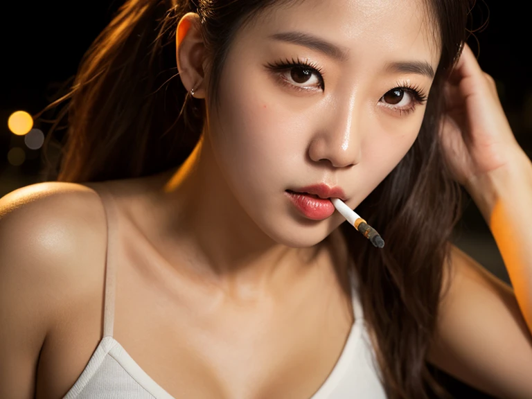 (perfect_finger),(look at viewer:1)
(bra),close up face,
,(1girl:1.8),solo,(21 years old pretty korean girl:1.2),(kpop idol:1.2), (korean mixed),small head,
,black_eyes,detailed eyes,  (woman with a cigarette in her mouth:1.4),(cigarette smoke:1.4),


(masterpiece), (best quality:1.2), absurdres
pale skin, ((perfect female figure)),
mature female, cinematic lighting,
(high resolution), (photorealistic:1.4),
(extremely intricate),(exquisitely detailed),
highly detailed, highres, original, extremely detailed 8K wallpaper,best quality, illustration,
detailed face, ultra-detailed, raw photo, realistic