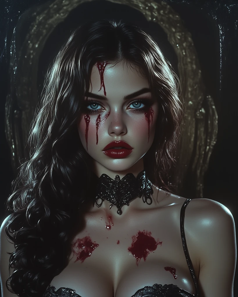 (masterpiece, 8K, Ultra HD, Raw), A sexy blonde girl kissing a vampire in bed, (((A beautiful young woman riding a huge, scary vampire))), (She rides a female vampire,Full of femininity), Her beautiful body is covered in a sheer white lace gown with Art Nouveau embroidery., Sexy big , Her pure and delicate face is different from the terrible face of the fallen female vampire.、The menacing fangs provide a stark contrast,Blood drips from the fangs, Illustration full of vitality, Carefully crafted, Realistic ultra-detailed portraits, Queen Core, Depicting real life, This scene takes place in a luxurious Art Nouveau boudoir,Interior with studio lighting, Red and teal silk satin