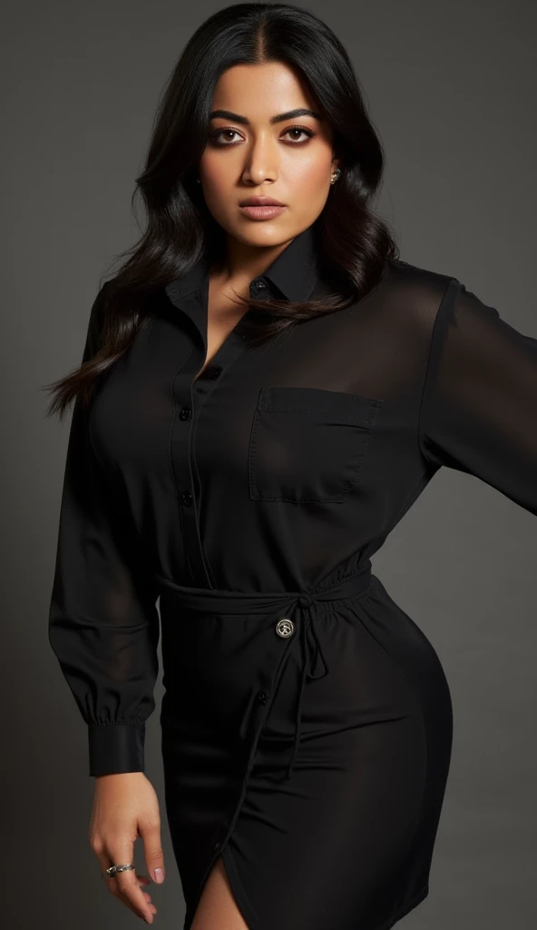 ((masterpiece,best quality,8k,highres)),((character concept art)), 1 female, young adult female, Yumi Tanaka, 19 years old, (black shiny hair tied in a knot), black hair, (fair skin colour), ultra finely detailed eyes (mysterious black eyes colour), quiet, stoic, calm, perfect body build ((slim, athletic, busty)), ((intricate detail)), super finely detailed hands, ultra finely detailed fingers(((ten fingers))), wearing black dress shirt, black blazer, black trousers, (standing with confidence), (full body showcase), (show full body), (no logos on background), (no logo), ((plain background)), ((plain background)), (((empty background)))
