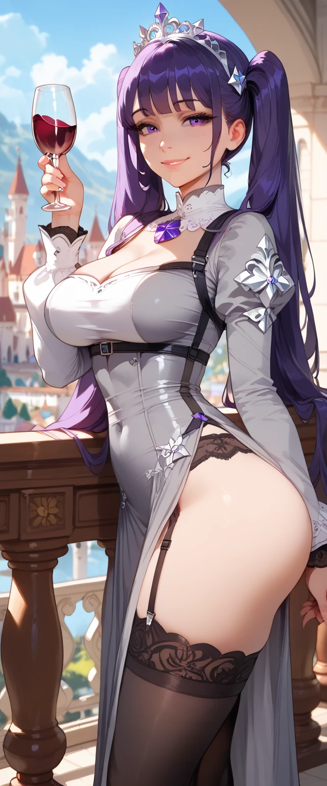 photorealistic, (hyperrealistic:1.2), beautiful, masterpiece, best quality, extremely detailed face, perfect lighting, full body, large breasts, wide hips, thick thighs, plump, detailed eye makeup, detail face, nice detailed eyes, heavy eye makeup, cleavage, white hair, purple eyes, white_legwear, (detached_sleeves:1.2), portrait, Kpop idol, emilia \(re:zero\), emilia \(re:zero\), (light white long hair),detailed hands and fingers, white flower, green chest jewel, nature, scenery, outdoors, from behind, bent over, accidental exposure, skirt lifted by the wind, wind lift, skirt, (long skirt:0.5), flower garden, happy,