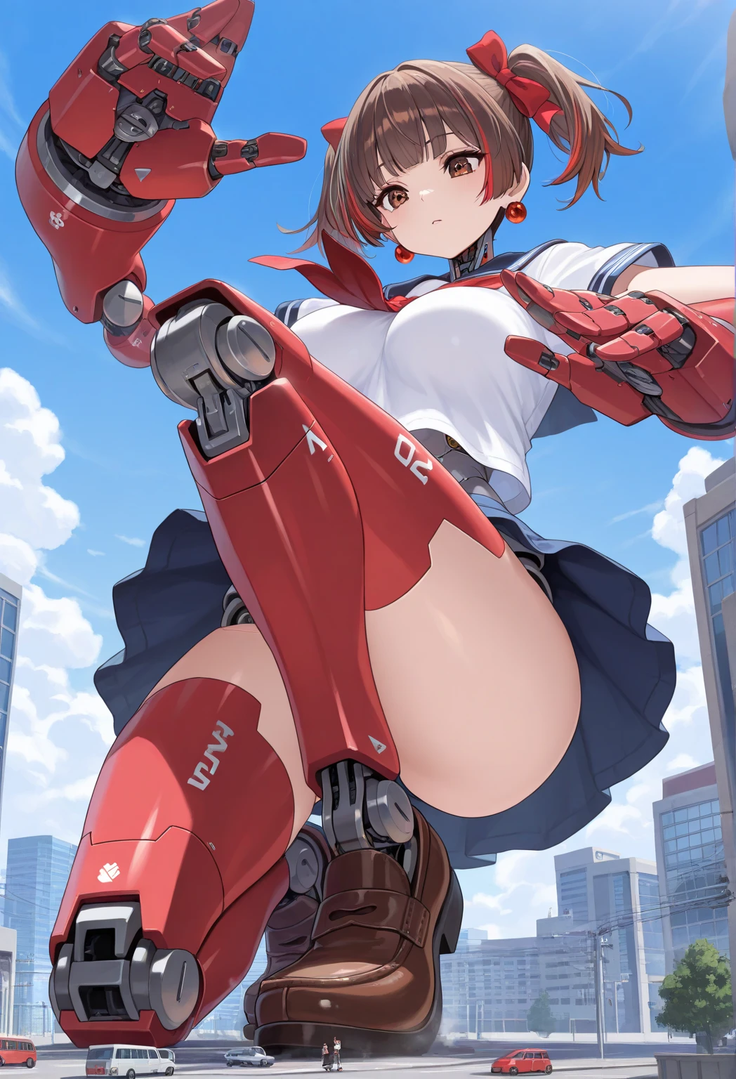 A Female robot is sleeping in the book, spread legs, nude, banzai pose. she wears no dress. She Brown short hair is tied with two big red clothespins, She lifts up the under hem of her white plain dress, leaning over, masterpiece, very short pigtails,brown hair, mature, android, blue eyes, full body figure, Height: 160cm, flushed cheeks, 2020s anime picture, A beautiful robot with short brown hair in two short pigtails held up by two very large huge red clothespins, Uplifting, No NSFW, whole body, barefoot, archaic smile, getting orgasm, 25 years old, sweat bucket.