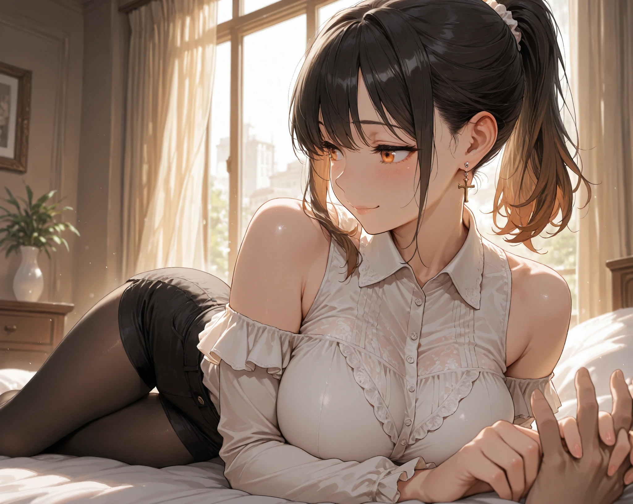 (best quality, 4K, high resolution, masterpiece:1.2, Extremely detailed），Large Breasts,30 years old girl,solo,black hair,long hair,blue eyes,sad,tears,(drunk,blush),sitting,drinking,((Mature sexy body))，Black stockings，Black tight skirt, Mature sexy body,holding mug,counter,pub,