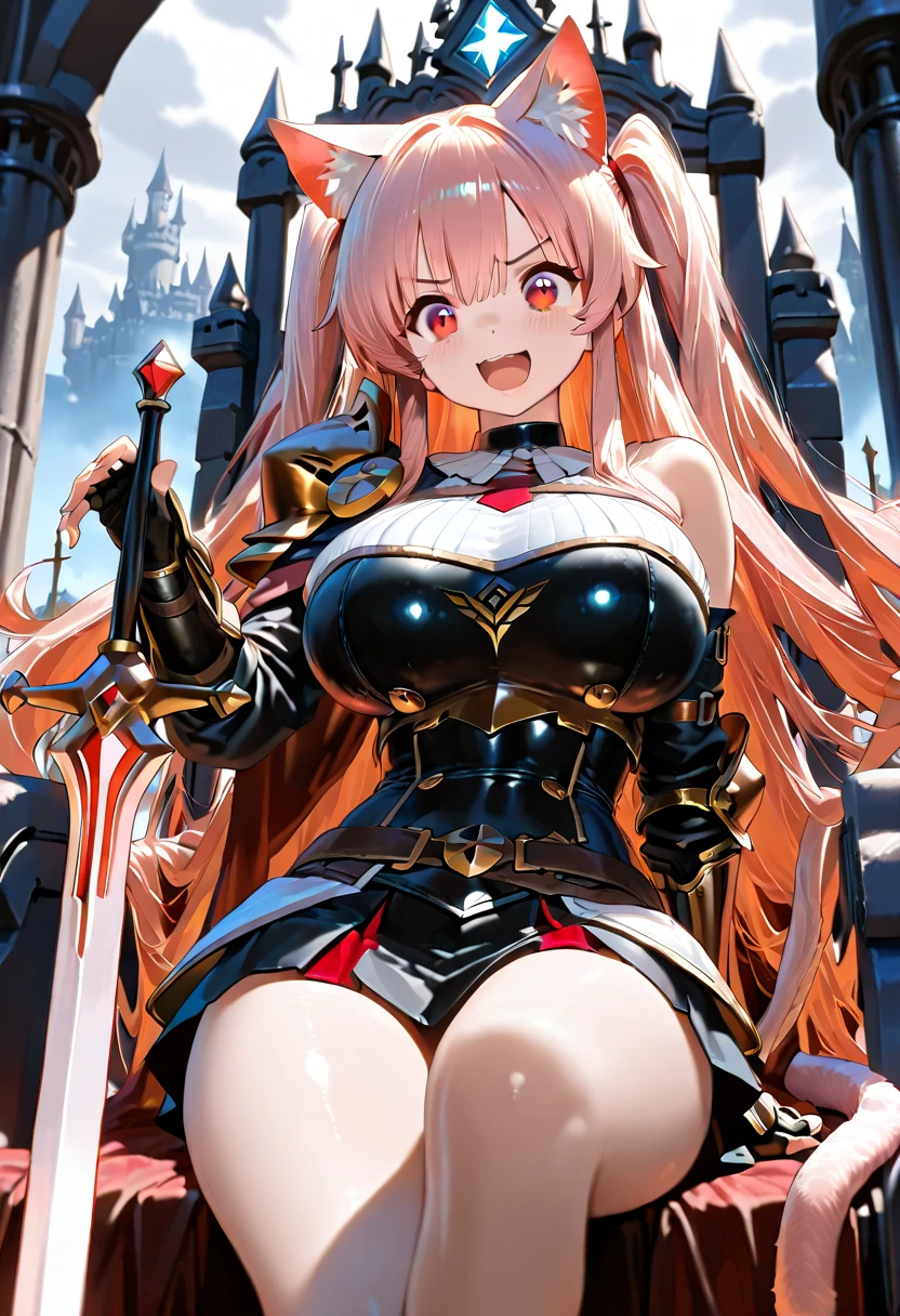 score_9, score_8_up, score_7_up, score_6_up, score_5_up, score_4_up, 1girl, fleur wearing bra and panties with garter belt & stockings, skimpy armor, defensive pose, Sword and shield, castle, red carpet, brown stone, ((big boobs) 1:2)
