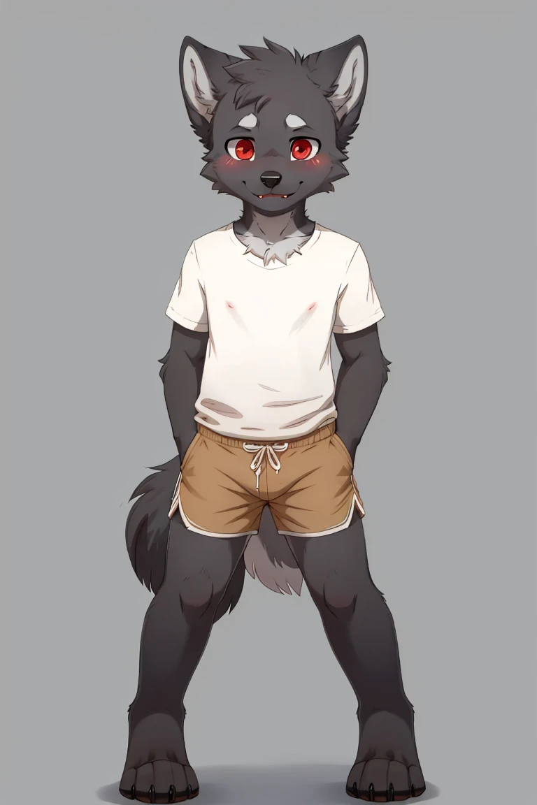 full body,No background, white background, ((by keihound, by reysi)), by Zackary911, by hyattlen, by fumiko, by fluff-kevlar, Furry, Anthro, ((wolf)), ((loose collar)), (()), ((twink)), ((small)), ((bored eyes)), ((annoyed expression)), ((blushing)), ((shaking motion line)), full body, short white hair, ((fluffy tail)), ((shirtless,bulge, stockings)),