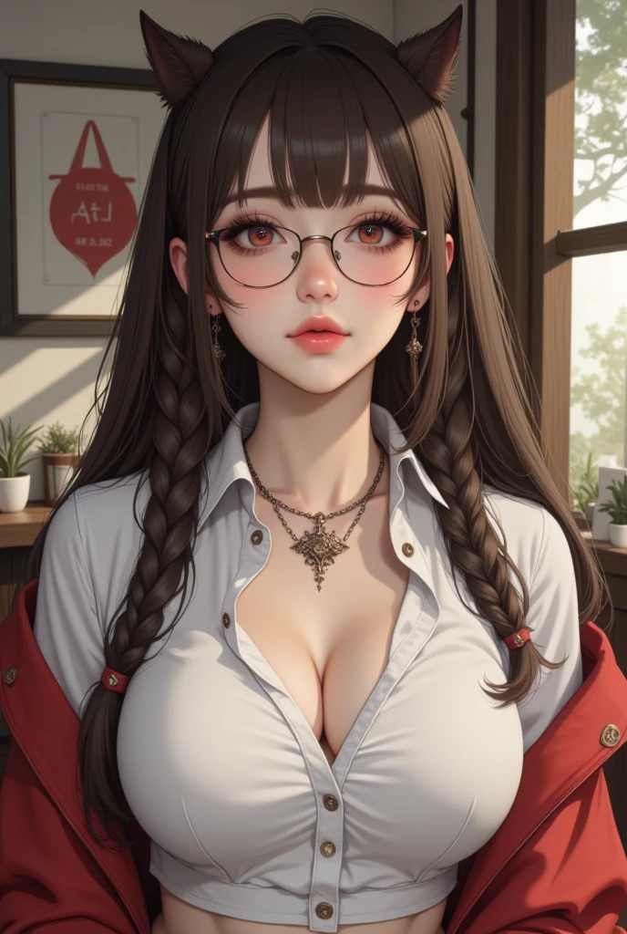 16K Ultra High Definition
Super detailed
The best of the best
Shiny detailed hair
Beautiful human woman with long hair
Super Big plump meat
Black and white cow print kimono
Cow ears and cow small horns
Shiny skin
Red cheeks
Moisturized eyes
Wearing glasses
Reading a book at a desk
Rich breasts on desk on library background
