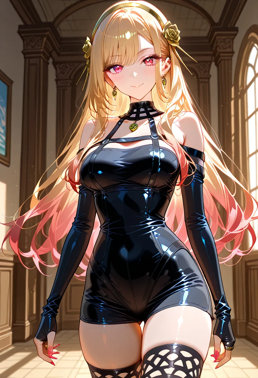 (masterpiece, best quality, detailed), 1girl, solo, looking at viewer, EPsmSailorMoon, blonde hair, blue eyes, long hair, very long hair, twintails, hair bun, double bun, crescent earrings, earrings, jewelry, parted bangs,
gothic, black lips, latin cross, cross earrings, black nails, vampire, black collar, multiple rings, fishnets, lipstick, piercing, cross necklace, headdress, eyeshadow, makeup, lace, frilled thighhighs, black dress, shoulder cutout, stairs, indoors, stairwell, window, peace sign, closed mouth
