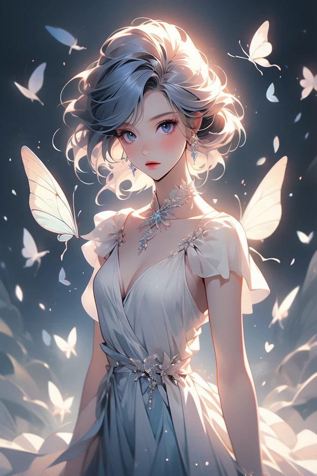 One woman, Very detailed , elegant , Light and vibrant colors , Lots of white butterflies , moonlight , Upper Body , 女god , Beauty , Big Rainbow , Long hair look , Light blue short hair , Long sleeve clothes , Less exposed skin , Small breasts , Large butterfly wings growing , Lots of flowers , god々Shining light