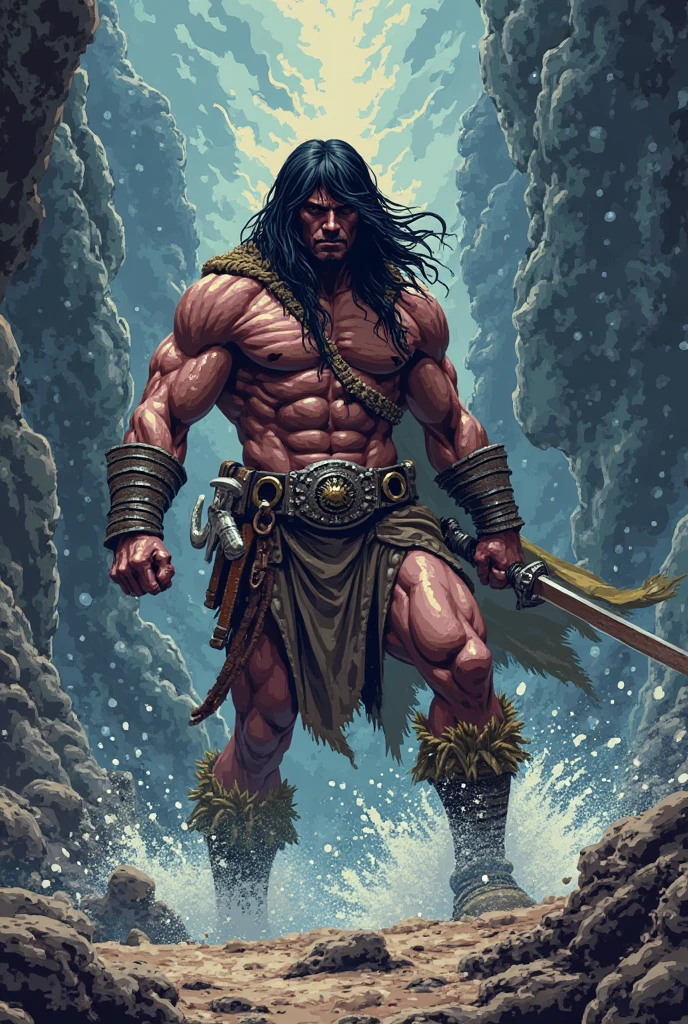 Conan, the Barbarian, cabelos longos negros, olhar selvagem, Athletic Physique, vestido com uma tanga feita de pele de urso, mantida por um cinto ornado de metal, in his hands an axe and a sword, pose distinta pronto para travar a sua maior batalha contra seus inimigos pictos, epic scene inspired by Robert E's End of the World Frontier.Howard ,Arte John Buscema, (cena detalhada, Luz Natural, arte perfeita)