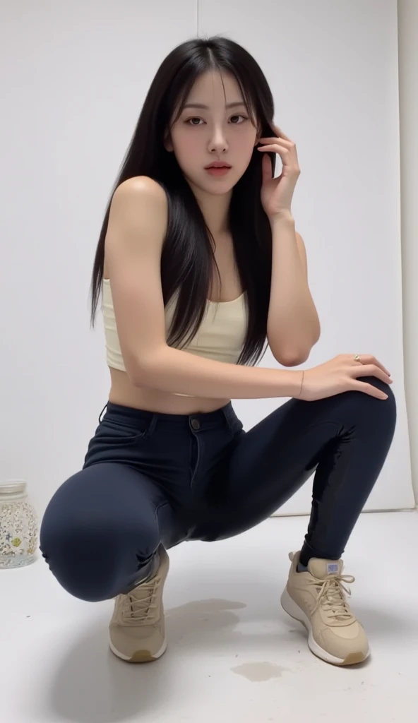 1 girl, blue eyes, Long hair, Big breasts,Mini see-through tube top,Pronounced nipple contour,Showing lower chest, (Word pants:1.6),Pants partially zipped open,露出丁Word pants,Spread your legs,Look at the lens,Standing,full-body shot,(Ultra-low angle overhead shooting:1.6), Unity 8k wallpaper, Ultra Detailed, Aesthetic, masterpiece, best quality, Realistic,Random color matching,Face HD,Full body close-up,Extreme low-angle telephoto。underboob shirt,skirt,Small amount,Prominent genital outline。underboob