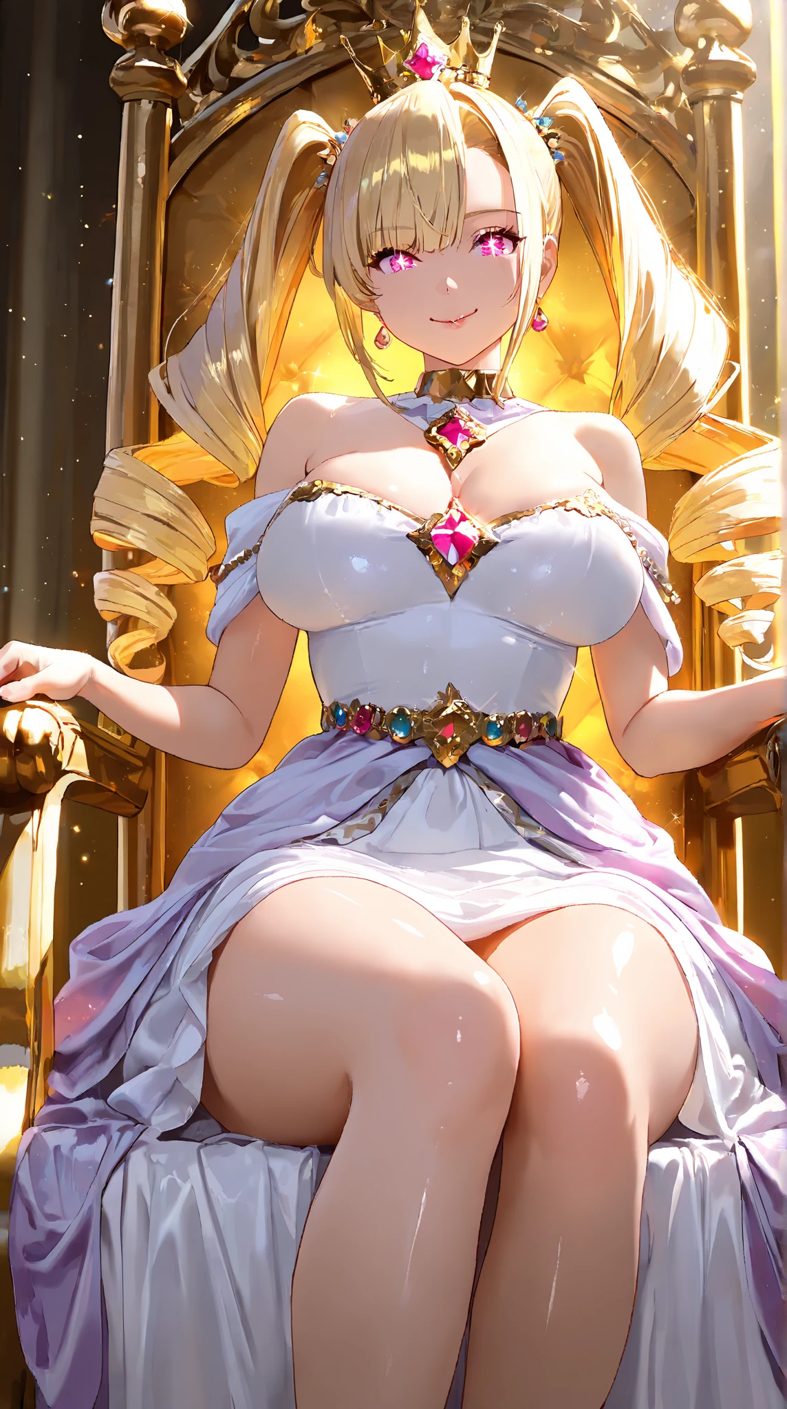 1 confident woman with floor-length pink hair, huge and big breasts, Futuristic royal costume in white with black and gold details, tall woman, blue detailed eyes, sitting on the throne of skulls , judgmental look, golden metal skulls, sovereign pose, cyberpunk queen
