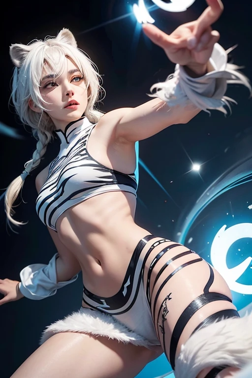 Slim woman with 1.90 tall, light pink medium hair, clear blue eyes,  and a tall, pointed nose, wears ballet clothes and has white pearls on her forehead and a spiraling spear made of pearls as a weapon

