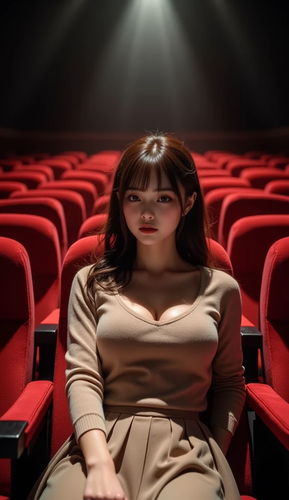 NSFW、A woman masturbates while sitting in a movie theater seat、She fondles and exposes her big breasts.、The inserted dildo feels very good、Love juice overflows and drips on the floor.、red hairs、Angle of view of cute face and body、tight shirt and pleated miniskirt、high-heels、Wearing string panties、Detailed hand、Full-body angle of view