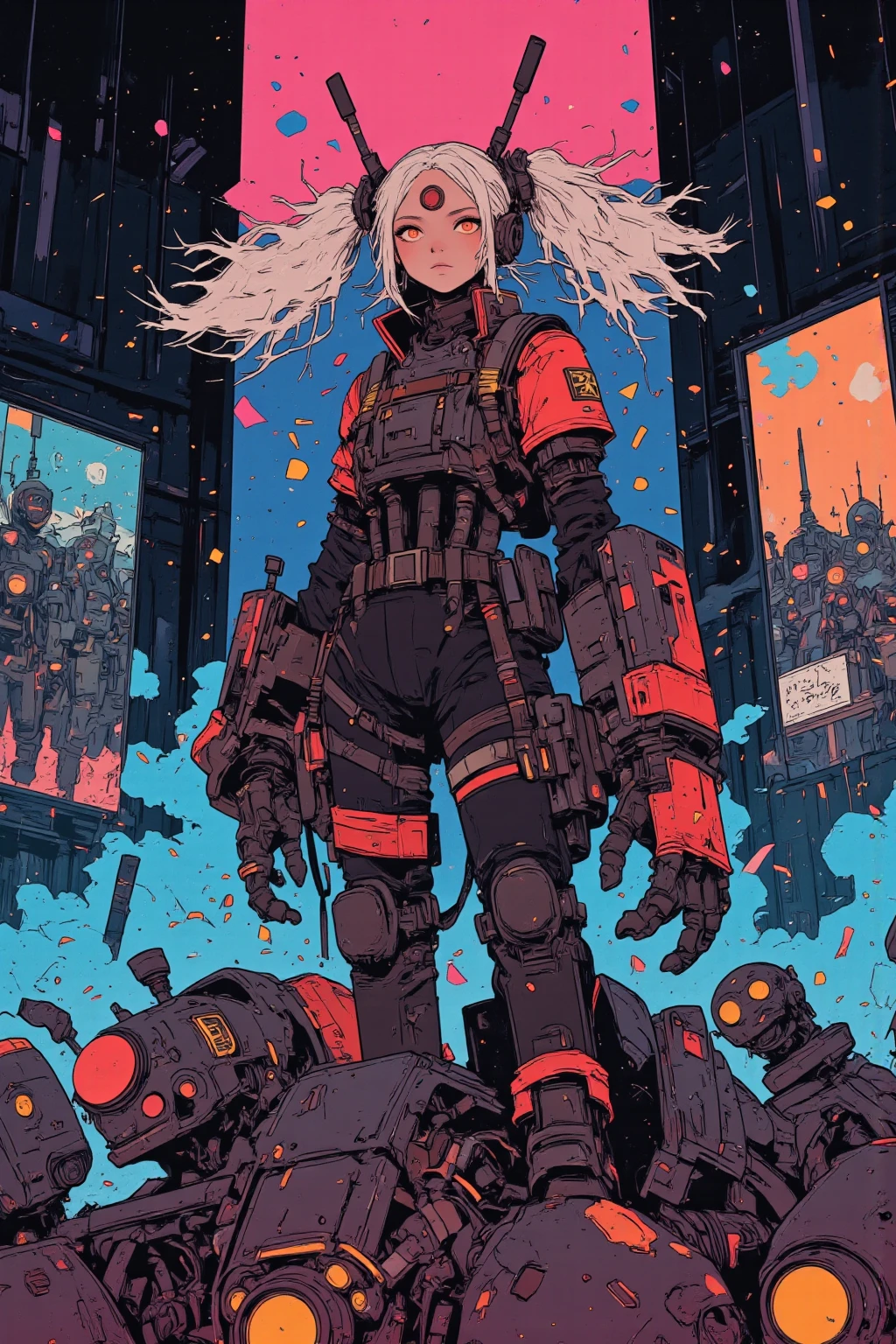 with a wacky and surreal twin-tail empire cyborg female soldier character,Stand on top of machine soldiers,completely mechanical appearance,Eerie Glowing Eyes ,Mecha Army,Tall,hairstyle is twin tail,The character has a mechanical appearance,The hands and feet look like metal bars with joints A twin-tailed toy poodle wearing a costume that looks like a、joints with golden spherical tips,The costume、bold red and black color scheme reminiscent of a soldier,symbol mark imitating twin tails,Offbeat Charm,unique contrast,twin tail soldier with bright white hair、On top of that, commander is standing in a dynamic pose、riding on a machine soldier's shoulder,Surprising Fantasy Elements,in the background, Sparkling Gradations,bright white haired twin tail soldier,stage-like atmosphere,that attracts viewers' curiosity and interest, Retro Animated Stills, retro animated movie screenshots that will capture viewers' curiosity and interest, Lo-Fi Art Style, aesthetic sense of 90s anime, dreamy psychedelic retro anime