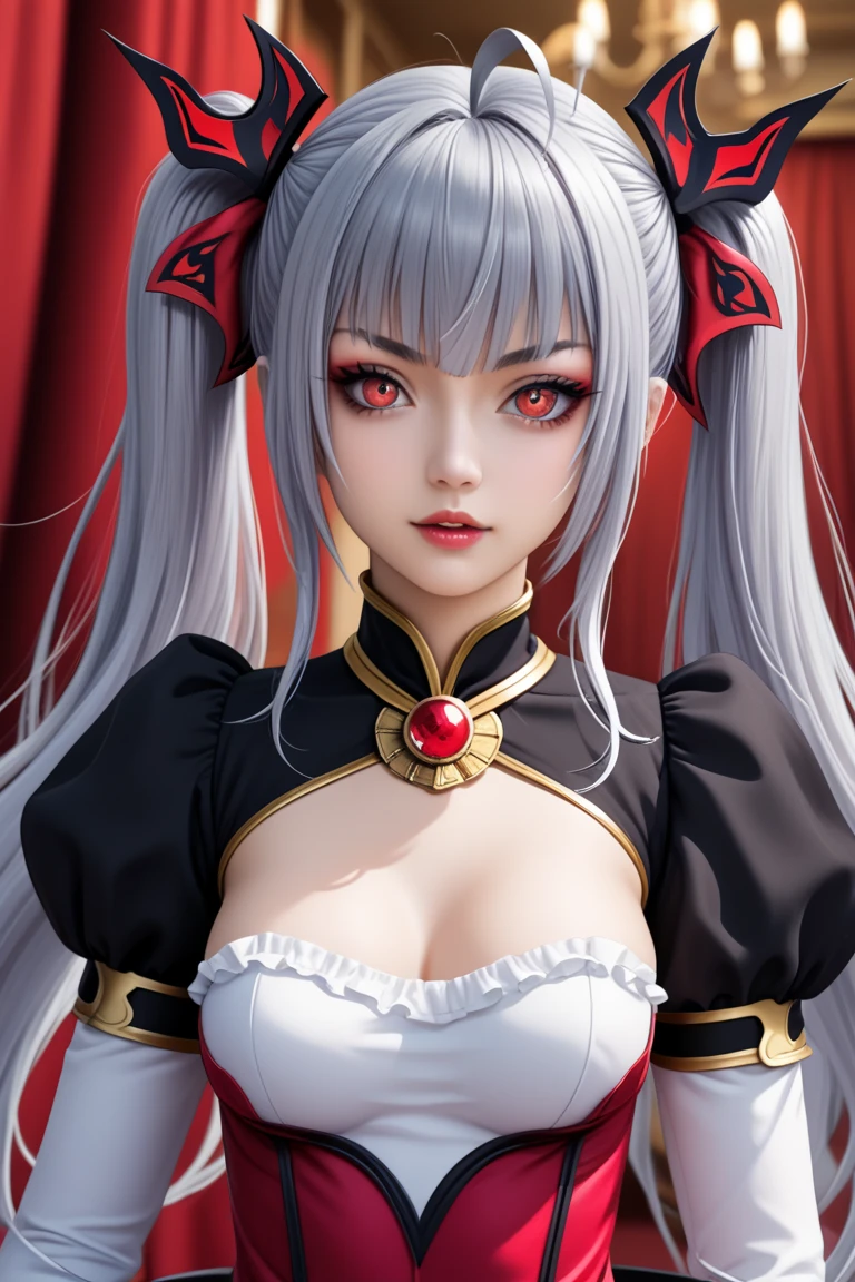 red eyes, (highest quality, masterpiece painting:1.3), immature woman, 16 years old, (half body shot), masterpiece, ultra high resolution, (Photoreal:1.0), silver hair,straight hair, beautiful shining hair, white and shining skin, ((Ultra realistic details)), octane rendering, highly detailed face, (big breasts:0.8), (make a heart with hands), She wears stunning costumes inspired by Belle Époque style, flowing black dress decorated with lace and ribbons, (clothing: black belle époque dress with lace and ribbons),cleavage, perfect body, soft skin, anime face, perfect face, perfect eyes, looking at the viewer, smart, Under autumn leaves tree background, Autumn leaf petals are falling, outdoors,shrine, sharp focus, intricate details, professional artwork, (bright colors:1.1), bright colors, diffused lighting, digital blending, ultra-definition body, ultra detail hair, super detailed face, that'It's trending on pixiv, top button open, Cute gaze, compensate, perfect lips, perfect compensate, Ultra-precision coating, (light_smile:0.8), (Very embarrassed:1.2), blush your nose,
