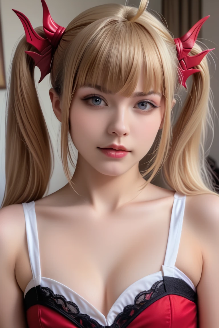 Oriental Project, Mishka, Flandre Scarlet sits on the bed in JK uniform, Hands clasped at the waist, dark brown hair, grey green eyes, warm lighting, blurred foreground, adorable, change, Anime-Series, 4K, with demon wings, Shower hood, ​masterpiece, upper body