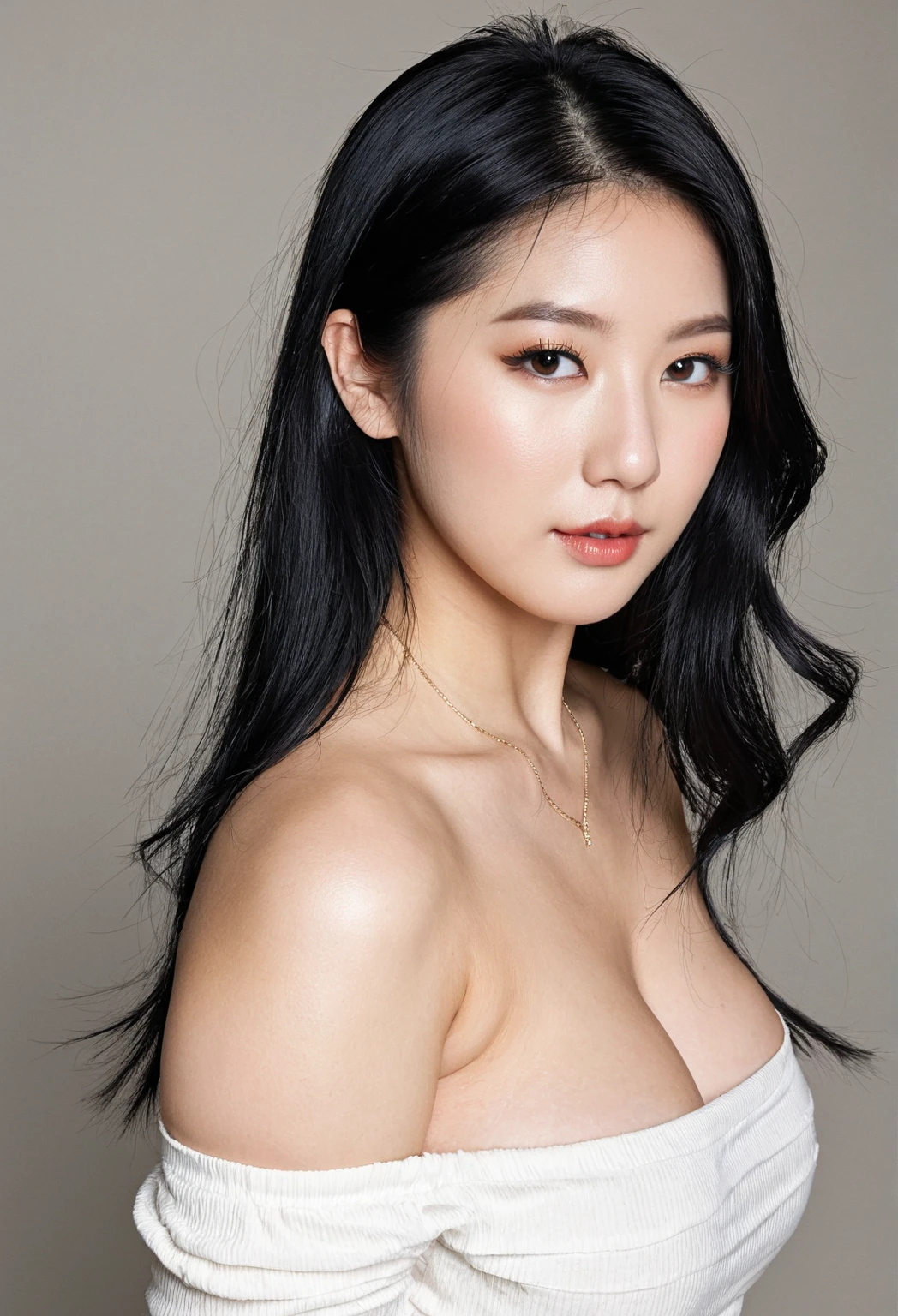 best quality,masterpiece,(photorealistic:1.4),raw photo,(Authentic skin texture_1.3),1girl,solo,black eyes,long hair,black hair,((half body)),(medium breasts:1.2),(slender:1.2),outdoors,